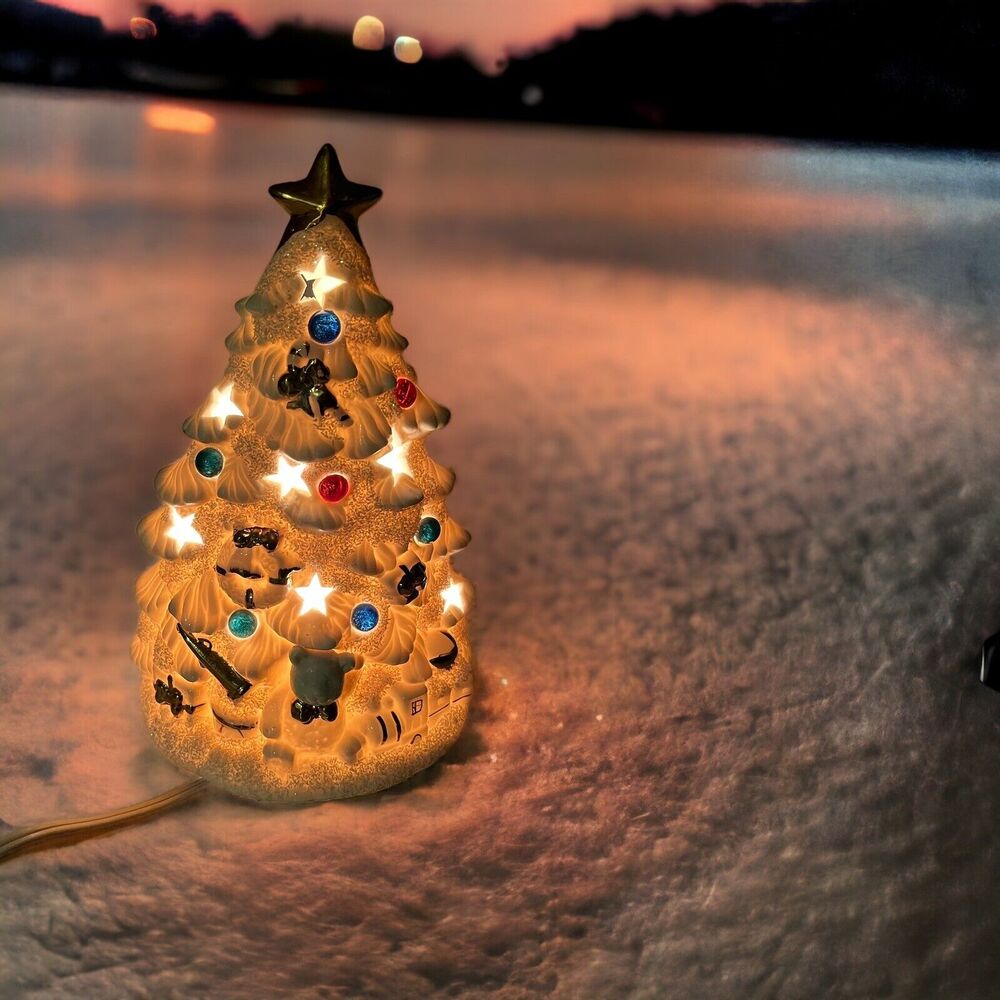 White Ceramic Tree Light Up‎ Electric Plug In 10” Frosted Tree train star gold